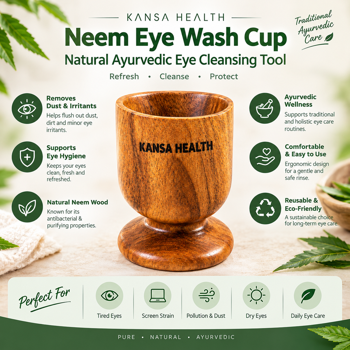 Kansa Health Neem Eye Wash Cup made from natural neem wood for eye rinsing