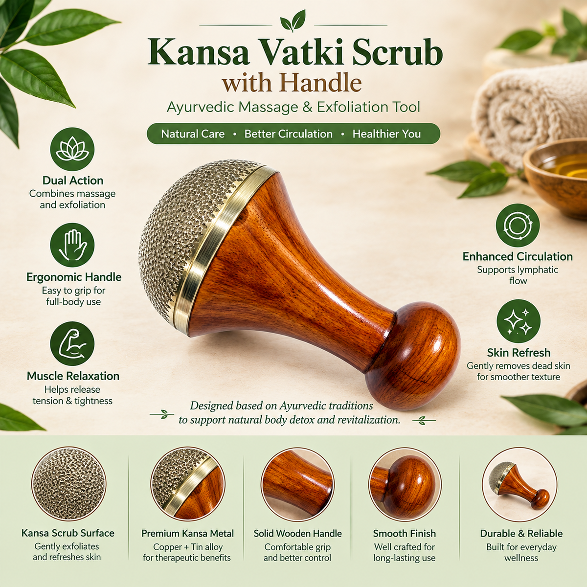 Kansa Vatki Scrub with Handle 3 Inches for Ayurvedic-inspired body massage and gentle exfoliation