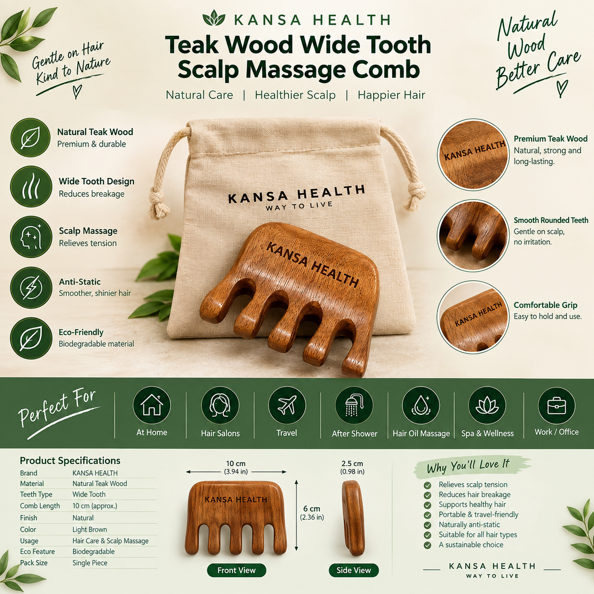 Teak Wood Wide Tooth Scalp Massage Comb: Simple Hair Care, Naturally