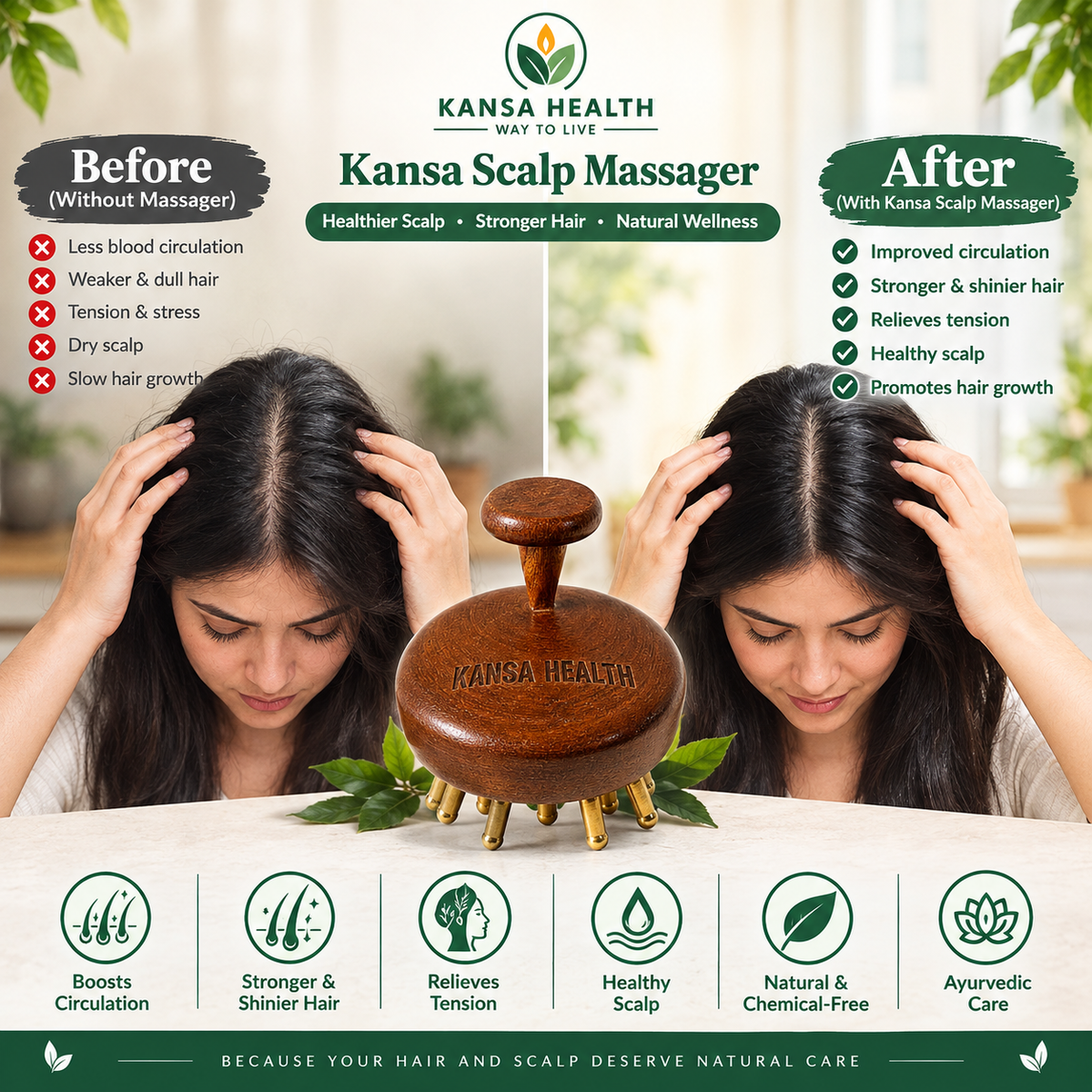 Kansa Health Scalp Massager shown on a table between two women, with before/after text and icons about hair health. The product is a round wooden scalp massager with small metal spikes and a handle, branded Kansa Health.