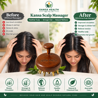 Kansa Health Scalp Massager shown on a table between two women, with before/after text and icons about hair health. The product is a round wooden scalp massager with small metal spikes and a handle, branded Kansa Health.