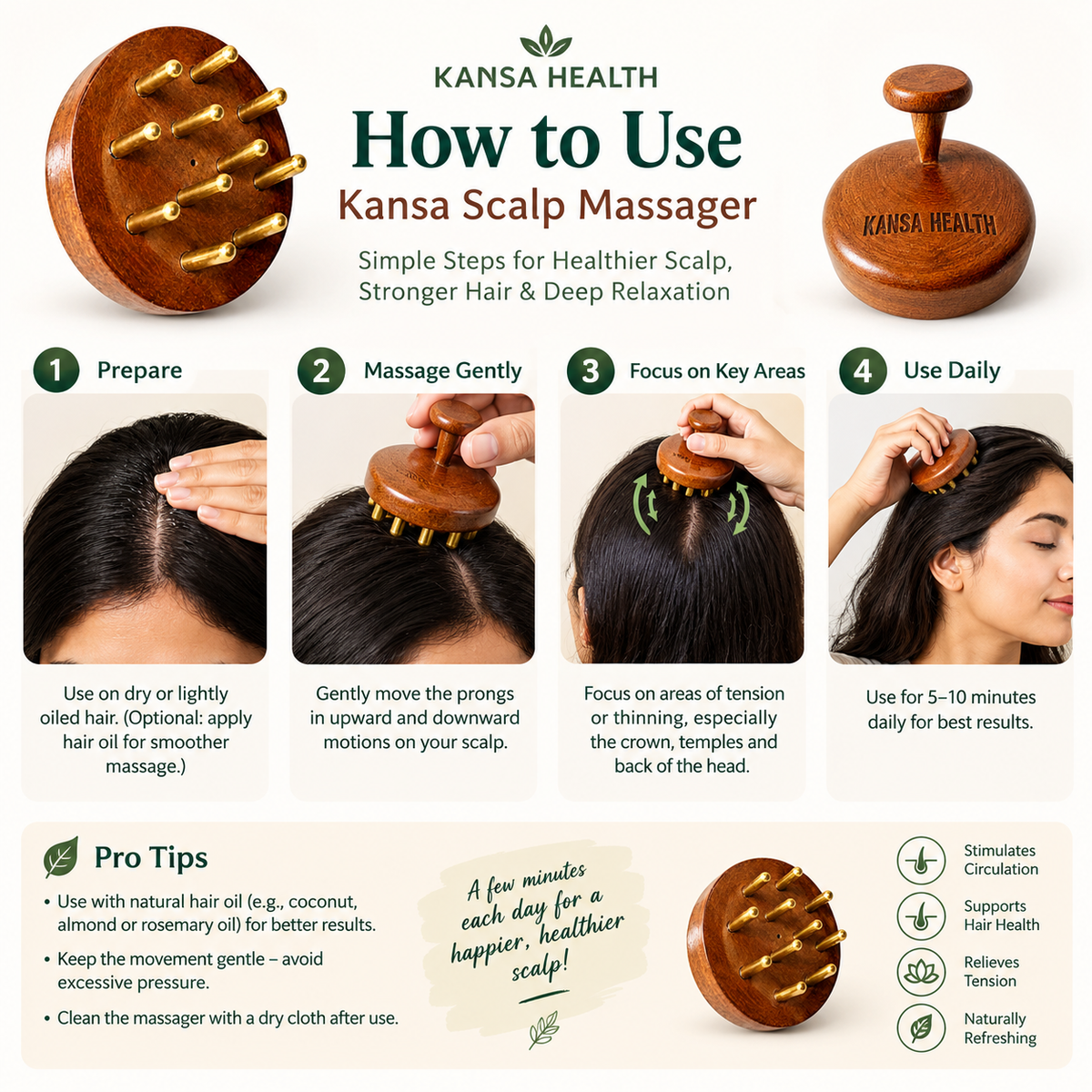 An infographic titled 'Kansa Health How to Use Kansa Scalp Massager' showing a wooden scalp massager from multiple angles, with four numbered steps of use, pro tips, and benefits on a light gray background.