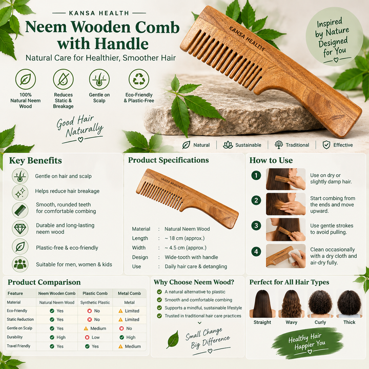 Neem Wooden Comb with Handle Tool