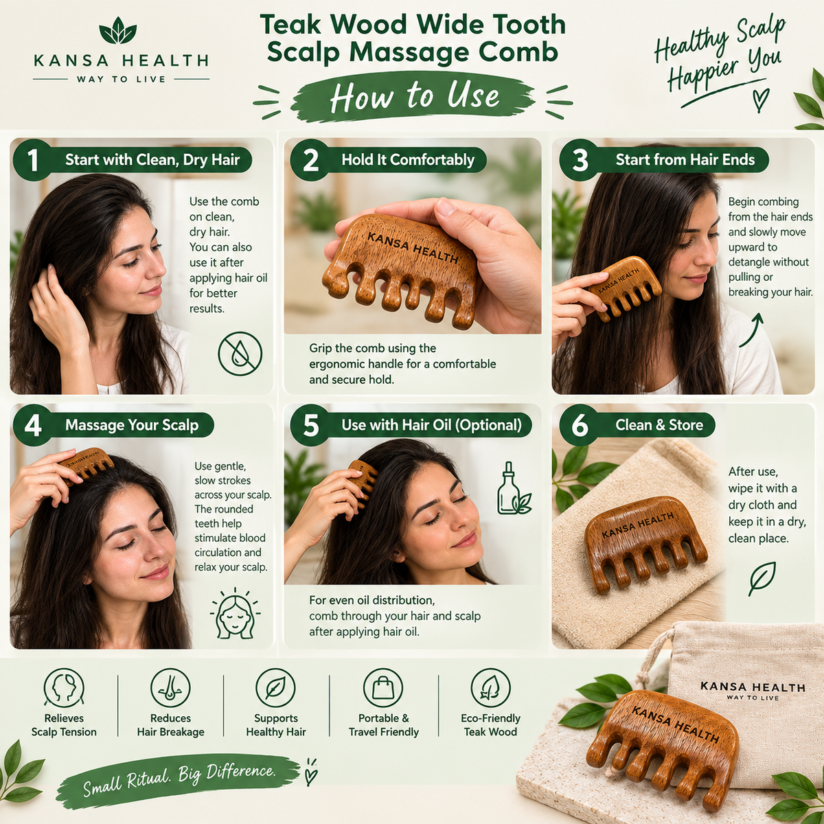 Teak Wood Wide Tooth Scalp Massage Comb