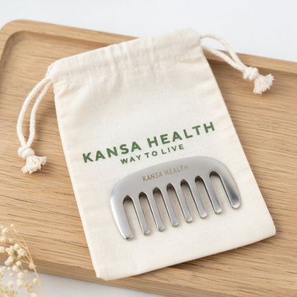 Woman using Kansa Bronze Head Massage Comb Medium for relaxing scalp therapy