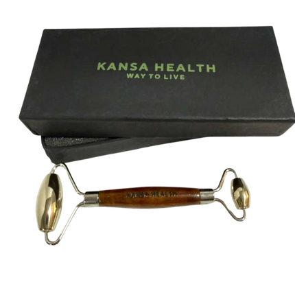 ayurvedic kansa metal face roller with wooden handle