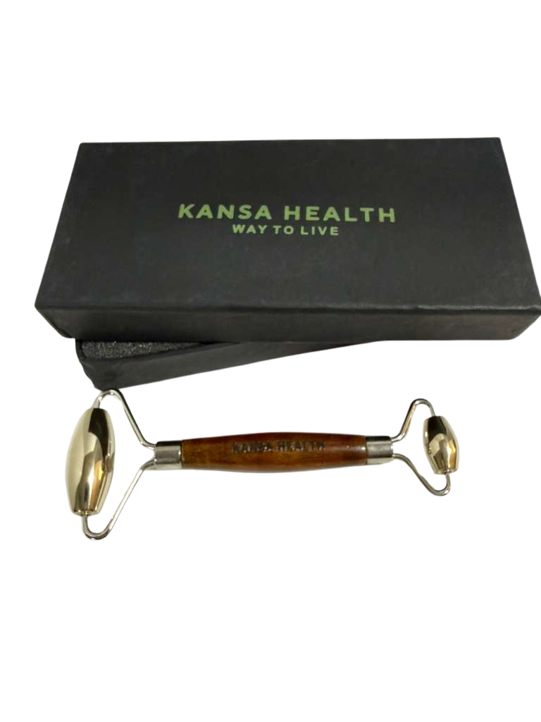 ayurvedic kansa metal face roller with wooden handle